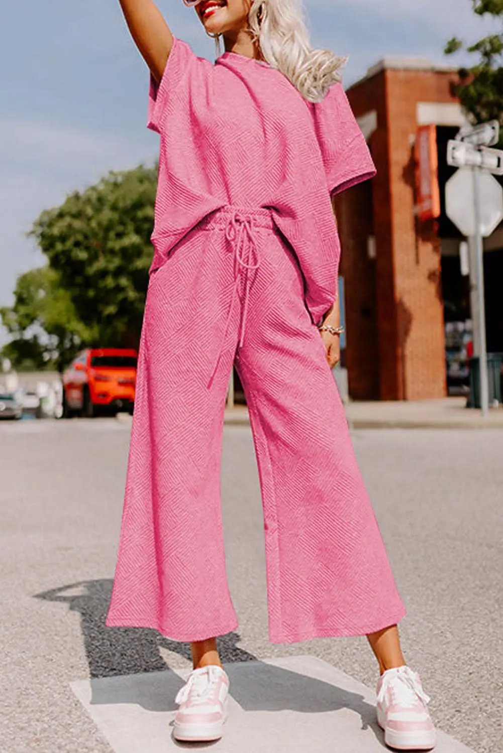 Strawberry Pink Textured Loose Fit T Shirt and Drawstring Pants Set - Love Salve